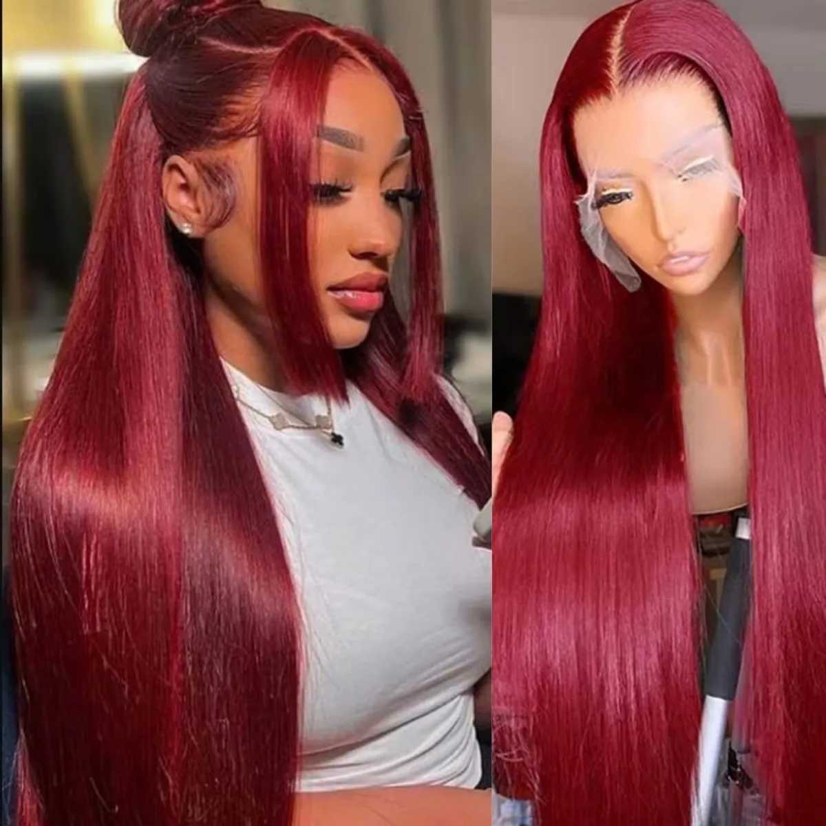 99J Red Burgundy Color Long Skily Straight 13X4 Lace Frontal Synthetic Wig For Women Heat Resistant Fiber Daily Party CosplayXJ241008