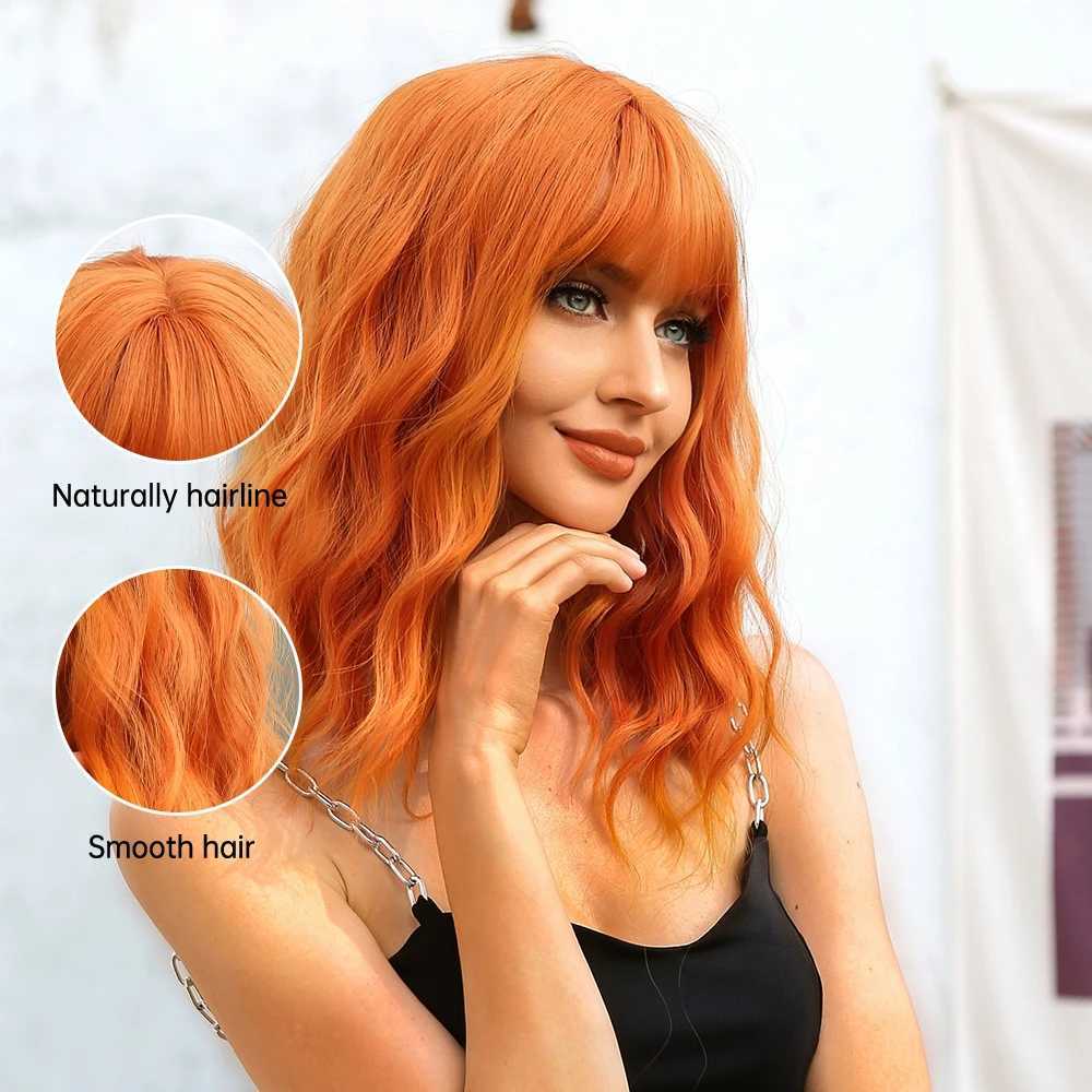 Short Curly Bob Cut Synthetic Wigs with Bangs Light Ginger Orange Water Wave Wig for Black White Women Halloween Heat ResistantXJ241008