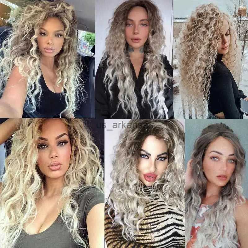 Ombre Ash Blonde Long Water Wave Natural Looking Dark Roots Synthetic Wigs for Women 80s Halloween Carnival Party Wig 28 InchesXJ241008