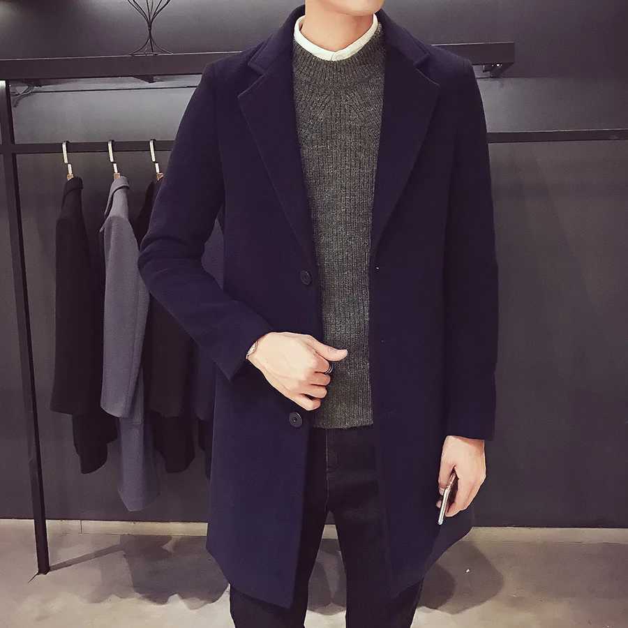 Autumn and winter slim fit mens long wool coat with single chest collar street fashion business trench coat for mens wear W241007