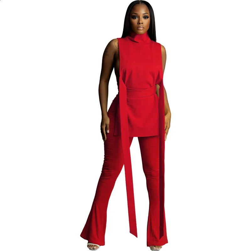 Fashionable casual commuting twopiece womens clothing high neck sleeveless lace top ultrathin flange pants fashion trend 241008