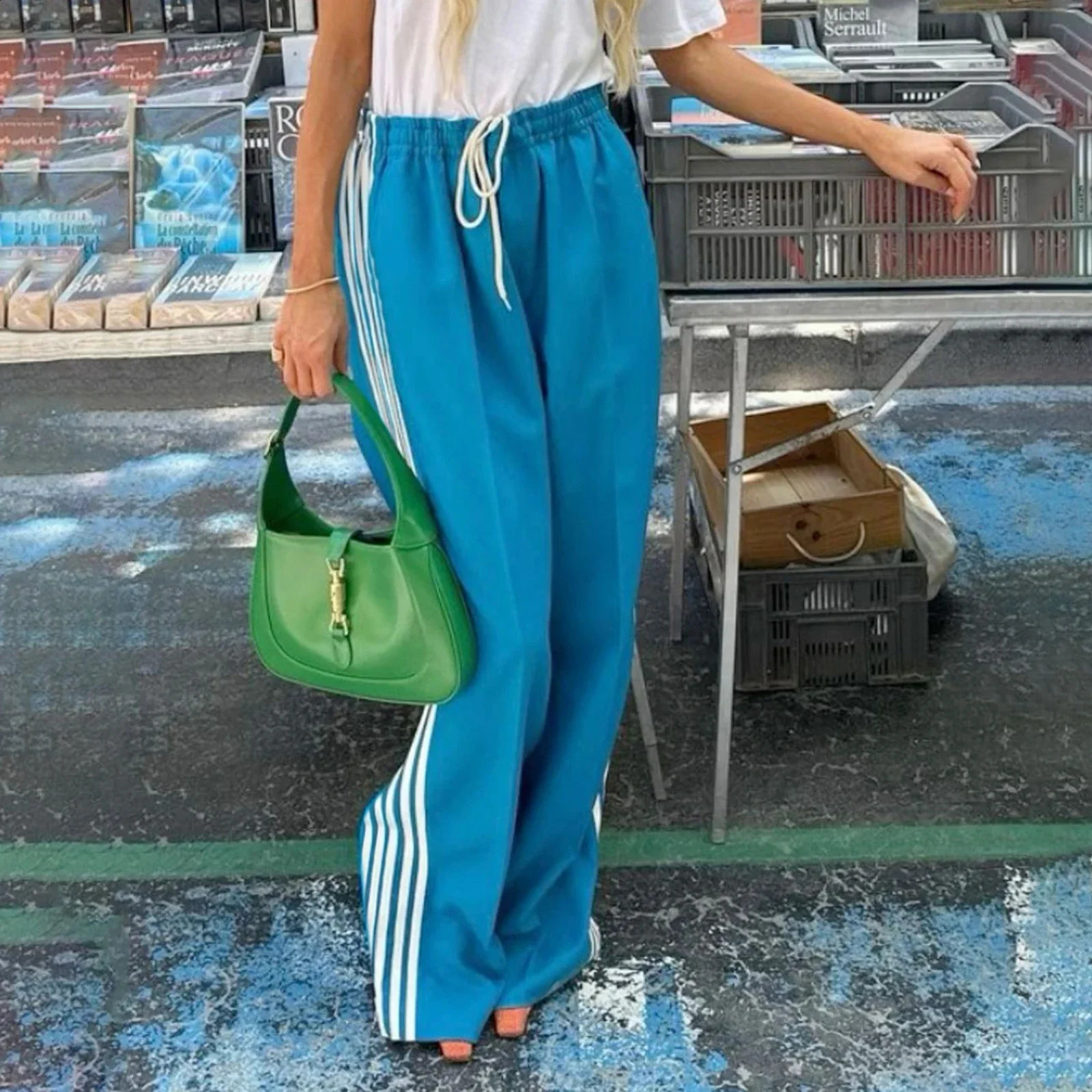 Women Y2k Wide Leg Track Pants Baggy Striped Joggers Sweatpants Elastic Waist Color Block Parachute with Pockets 241007