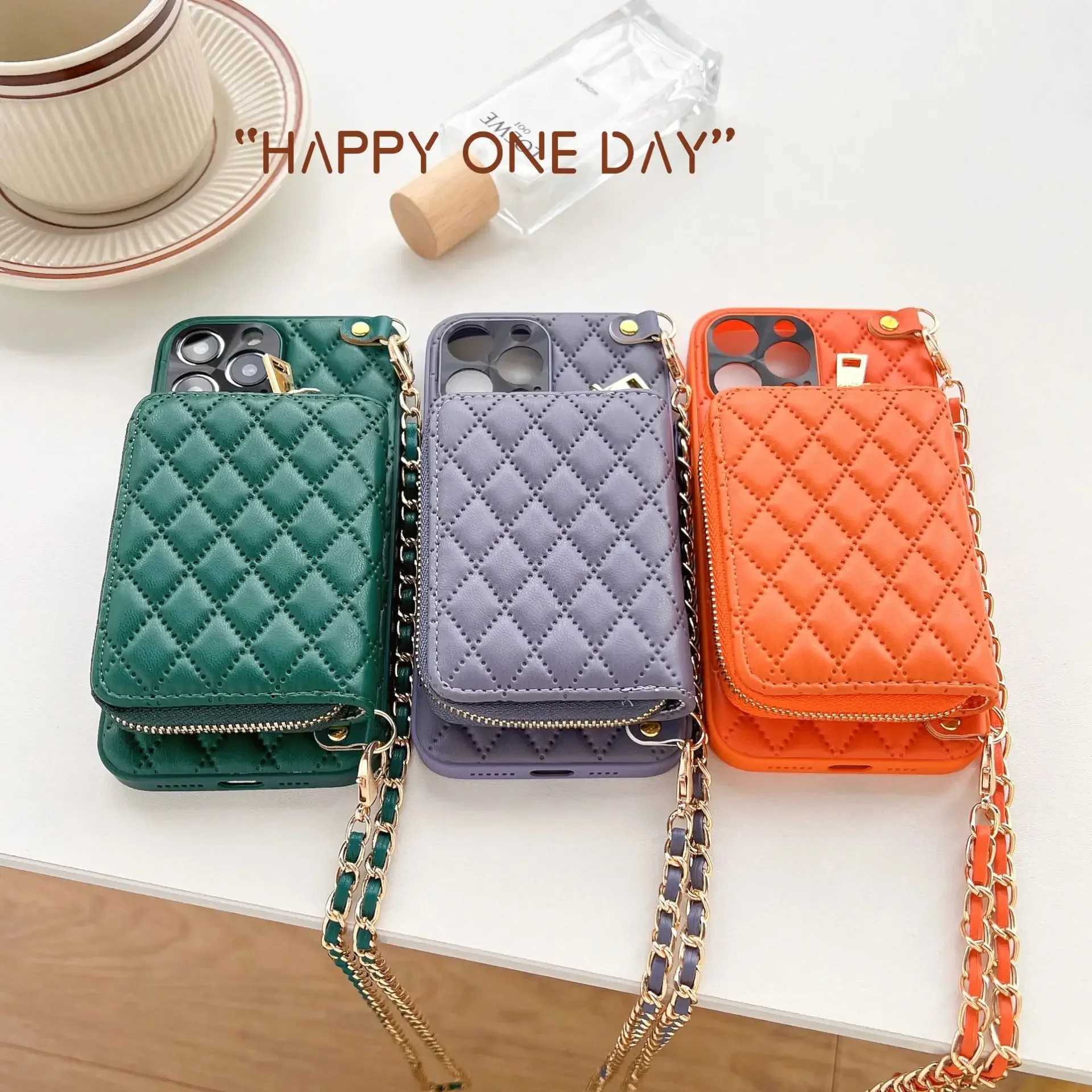 Luxury Case Crossbody Tether Phone Case Suitable for iPhone 16 15 14 13 12 11 Pro Max Zipper Wallet Card Slot Bracket Chain PU Leather Cover Z241008