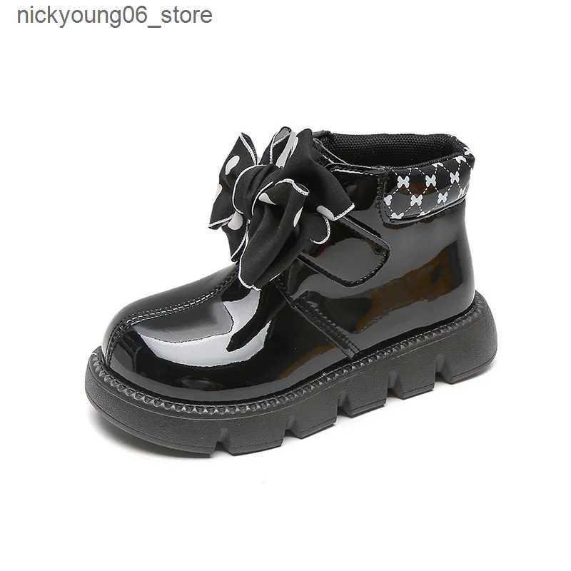 Boots Girls Ankle Boots Black White Versatile Princess Polka Dot Bow Kids Fashion Casual Short Boots Hook Loop Children Glossy Shoes L240910