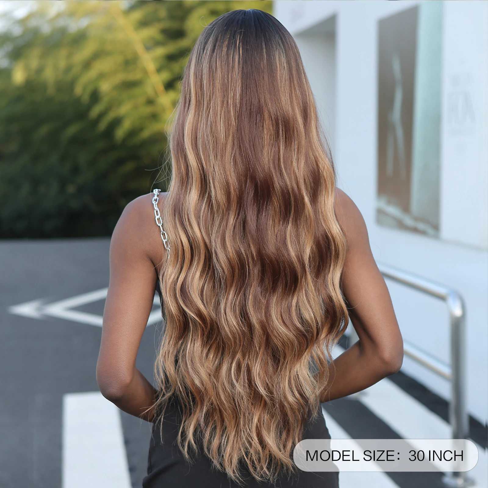 Chocolate Brown Highlight Synthetic Wigs Long Curly Wave Hair Wig With Bangs for Women Heat Resistant Honey Brown Cosplay HairXJ241008