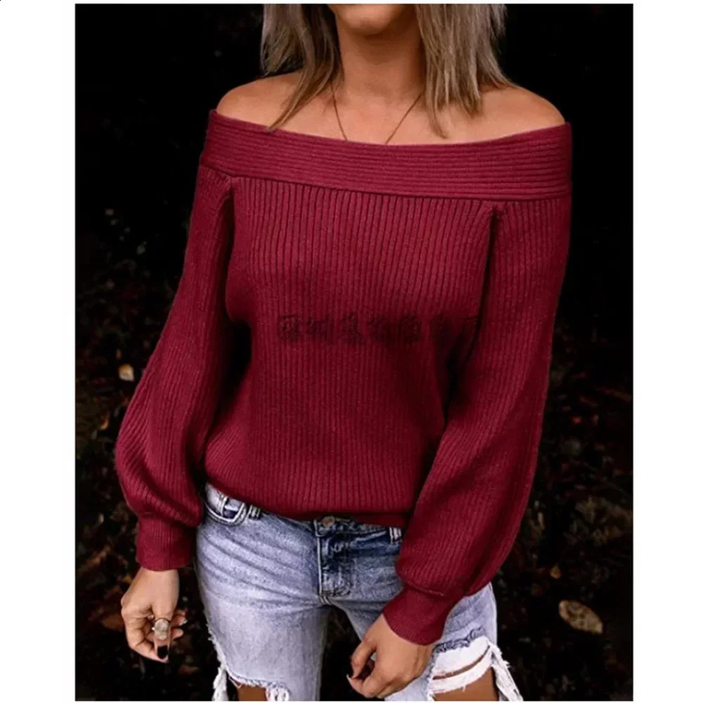Shoulder plus elegant loose knit shirt automatic and winter single neck solid color pullover womens sweater 240927