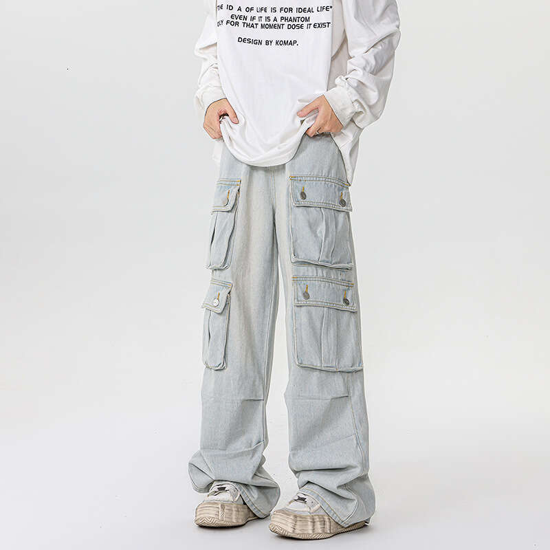 Spring And Autumn Japanese Retro Multi Pocket Workwear Jeans Men's High Street Trendy Brand Retro Loose Straight Leg Wide Leg Pants