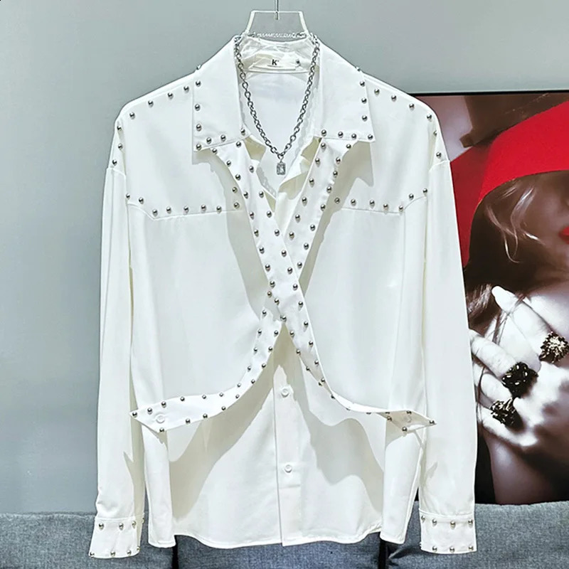PFHQ loose and fashionable metal nail decoration niche shirt casual version solid color long sleeved mens top fashion 21Z5420 241008