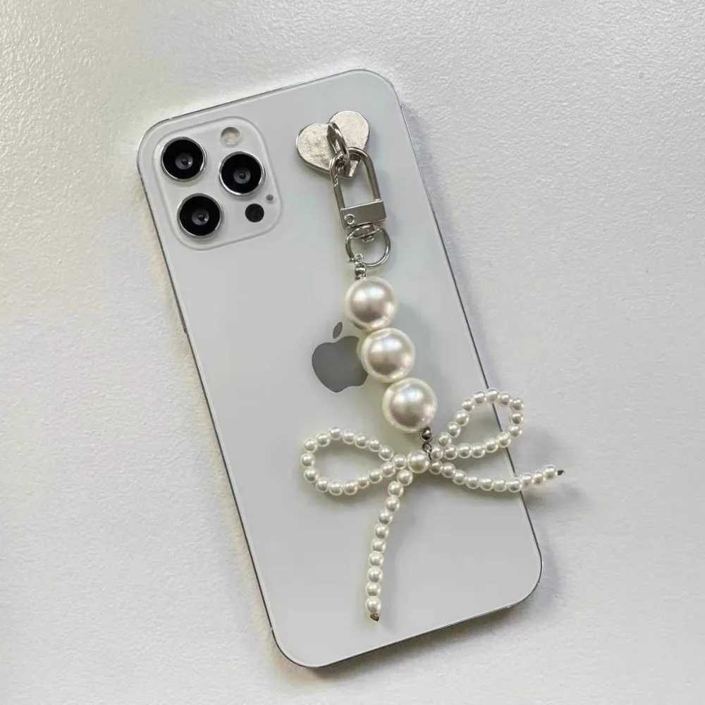 Korean Bow Beaded Phone Pendant Chain Keychain Fashion Decoration Keyring Elegant Bag Ornament Imitation Pearl Accessory GiftX241008