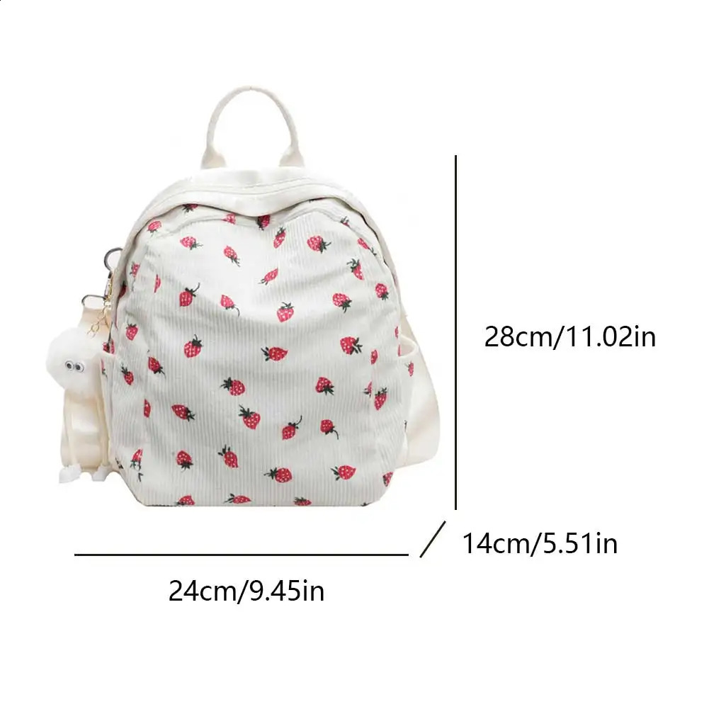Kawaii Strawberry Corduroy School Bag Teenage Girl Beauty Backpack Lightweight Fashion Shoulder Zippered Small 241008