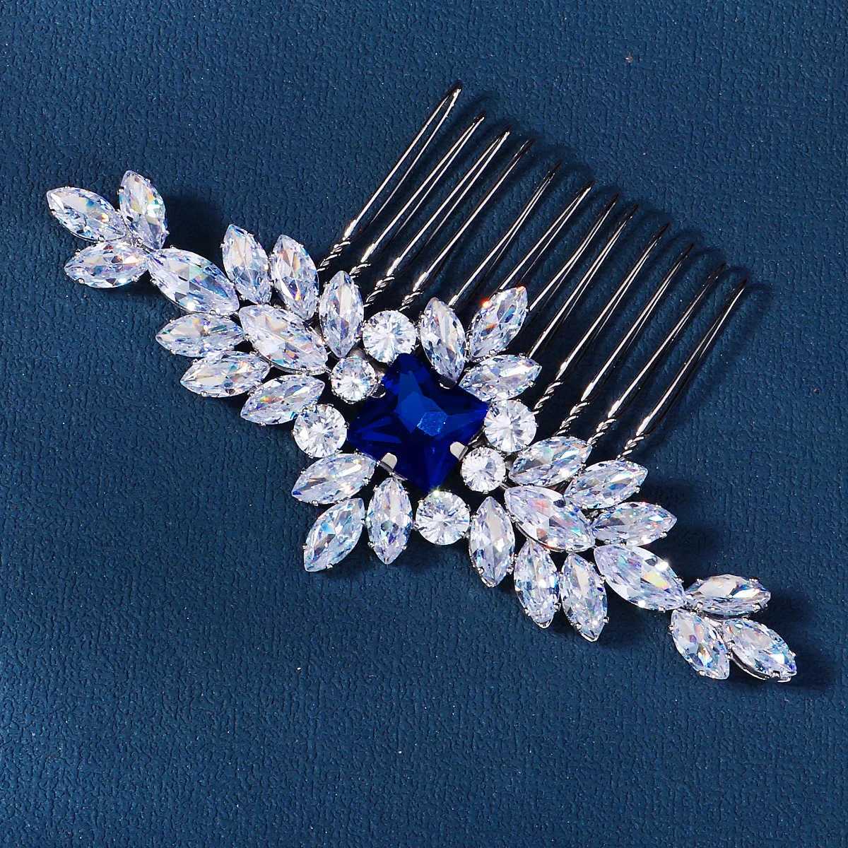 Luxury Silver Handmade Bridal Comb Blue Gemstone Crystal Set Bridal Wedding Plugin Comb Jewelry W241007