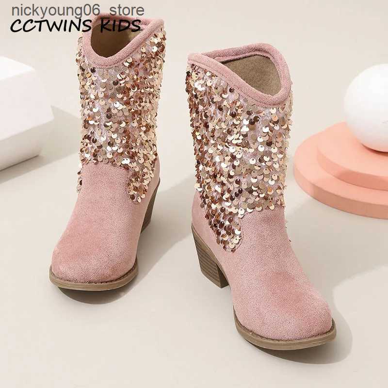 Boots Girls Boots Autumn Winter Toddler Kids Princess Party Fashion Middle Calf Boots Children Brand High Heel Glitter Soft Sole Shoes L240910