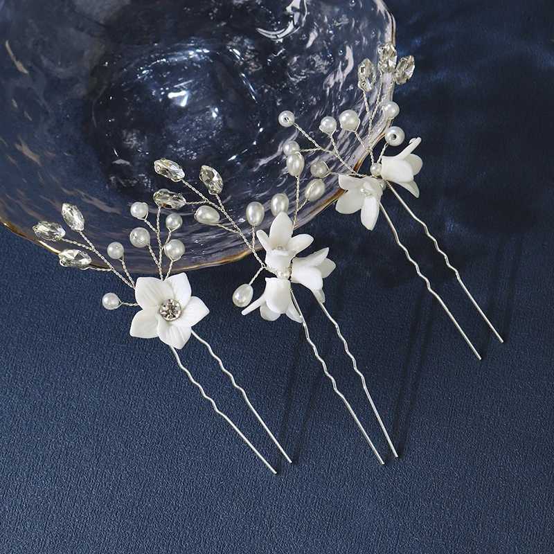 3 pieces/batch Brides Wedding Ceramic Flower Hair Accessories Pearl Water Diamond Hair Pin Womens Headwear Jewelry Bridesmaids Gift W241007