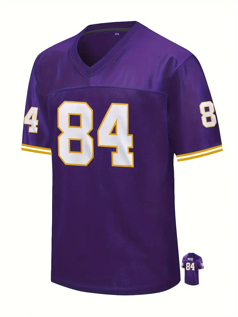 #84 Randy Moss Comfy V-Neck Football Jersey Purple Mesh Embroidery for Training and Competition Breathable Moisture-Wicking American Football Shirt