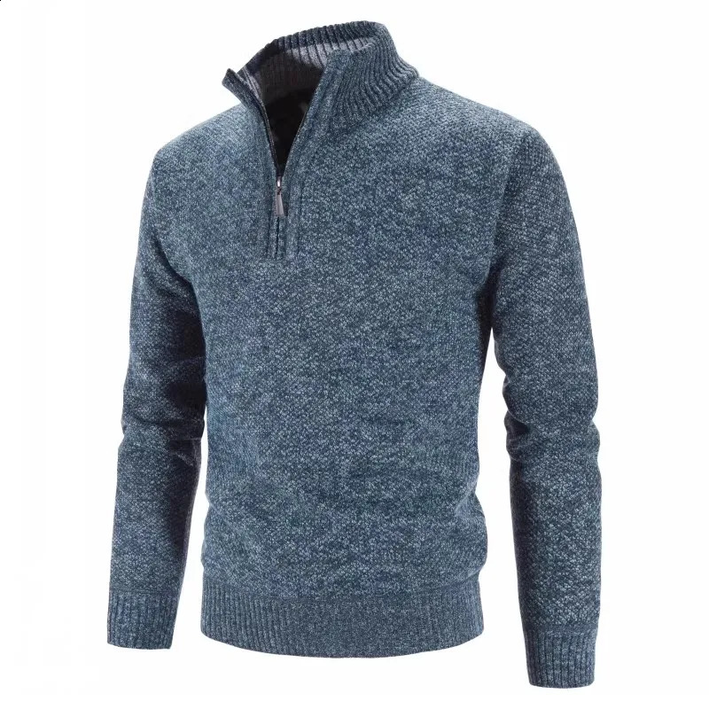 Autumn Winter Thick Knitted Sweater Men Pullovers Solid Color Zipper Mock Neck Slim Fit Knit Causal Man 240930