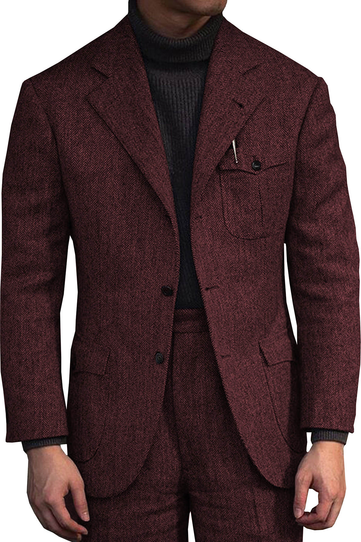 2 Pieces Mens Wedding Tuxedos Tweed Wool Winter Warm Groom Short Coat Outdoor Wear Jacket Pants Suits