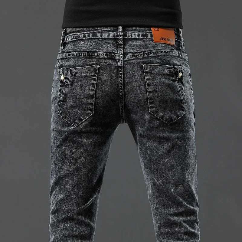 Retro fashion mens designer jeans snowflake wash Korean fashion elastic pants mens classic ultra-thin denim TrouserW240715