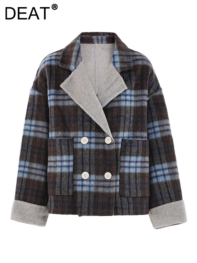 DEAT fashion womens plain woolen coat contrasting color notch collar loose double chest short blend jacket autumn item 240927