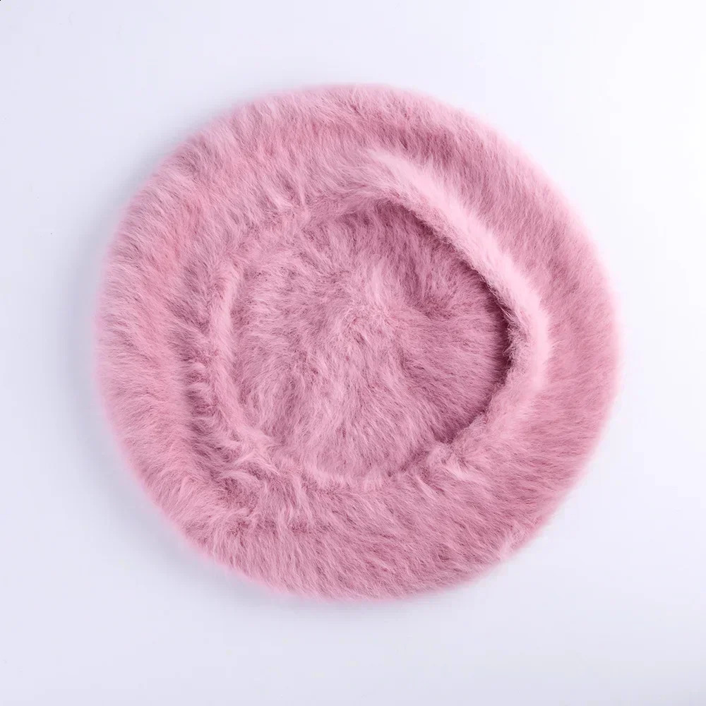 12 color soft womens winter elegant multi-color artist rabbit fur flattened sboy Beanie beret 241007