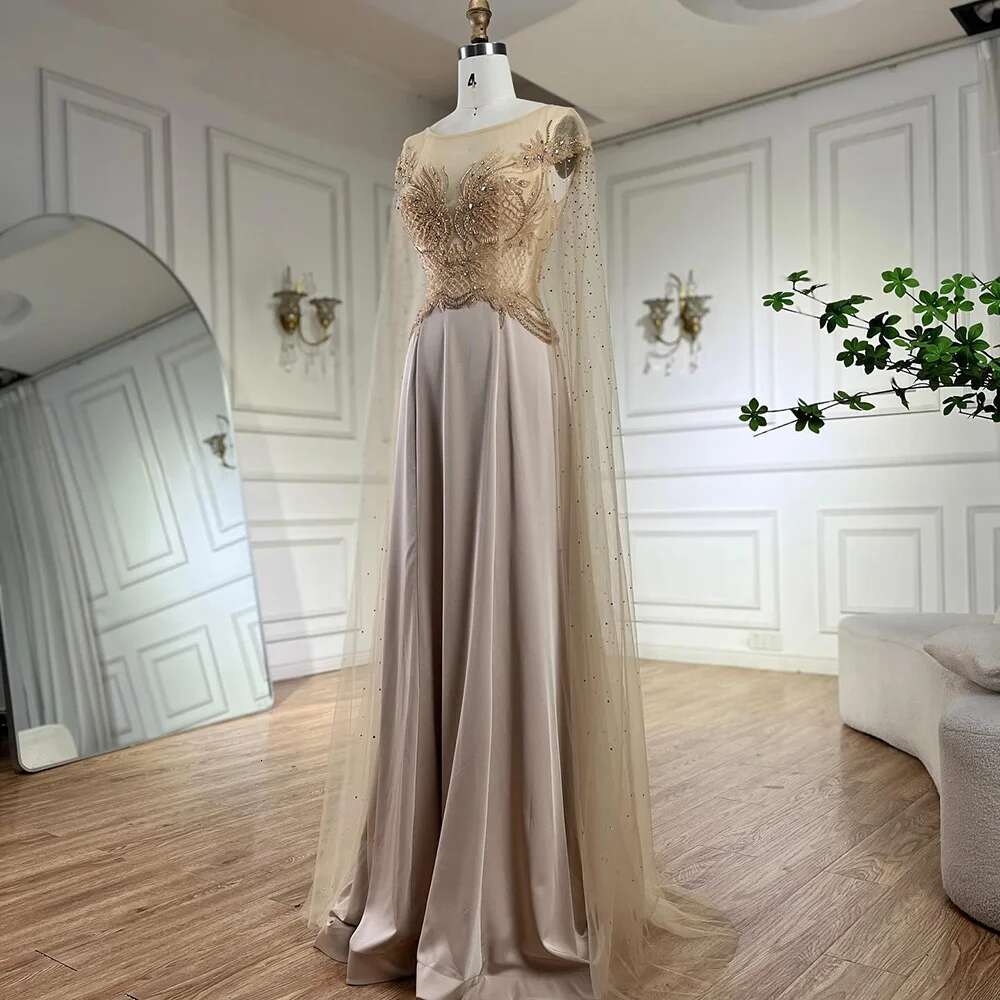Serene Hill 2024 Cape Sleeves Satin A e Lace Beaded Dubai Evening Dresses Gowns For Formal Ocn LA72702