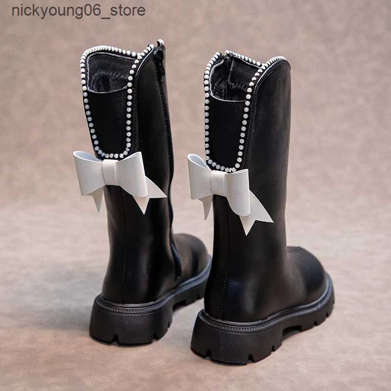 Boots Girls High Boots with Bow-knot Anti-Slippery Fashion Children Beading Elegant Princess Boots Side Zipper Kids Leather Long Boots L240910