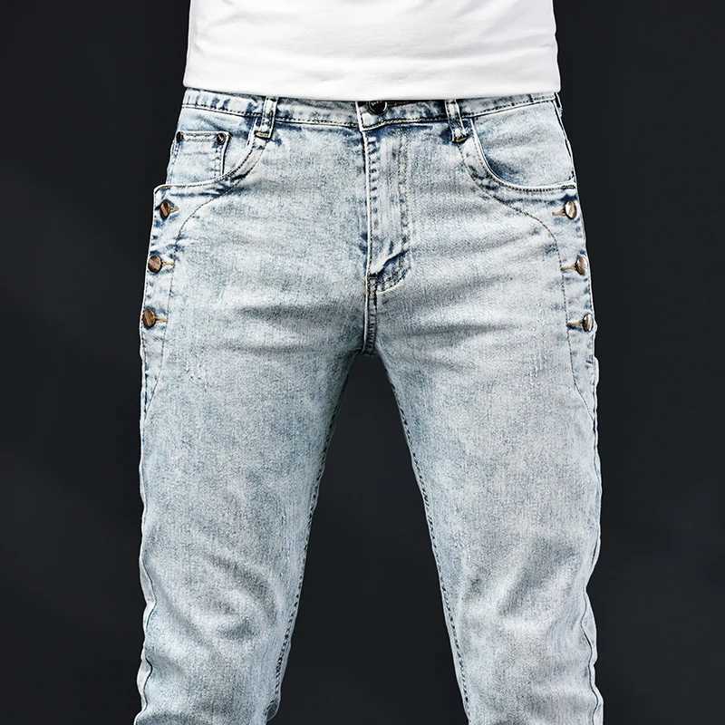 Ultra thin tight jeans mens new elastic Korean design fashionable multi button blue and white retro washed cotton elastic denim pants TrouserW240715