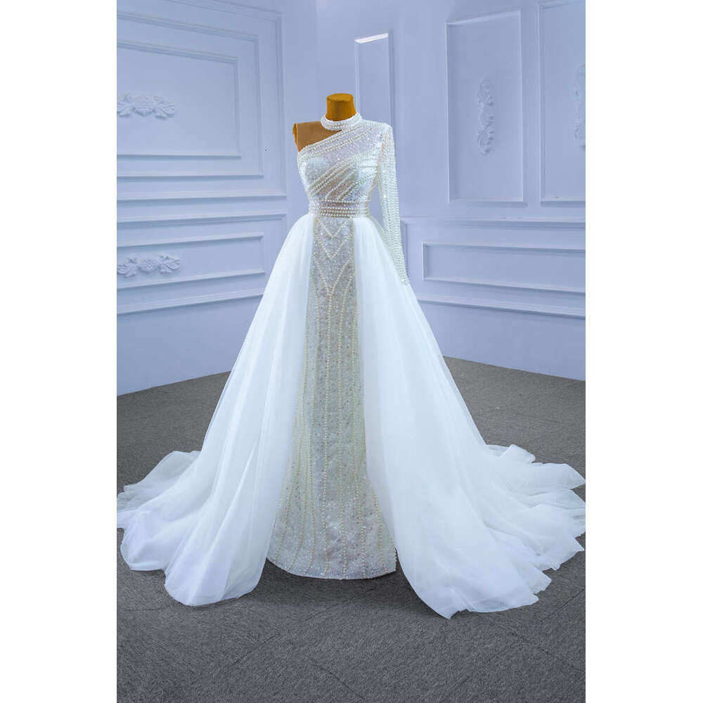 RSM Collection 67345 Mermaid Wedding Dress One Shoulder Long Sleeves Bridal Dresses 2021 New Design Shiny Pearls Full Sequins We