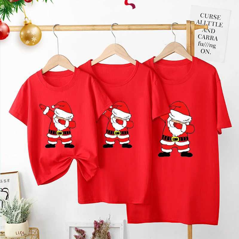 1 piece of family matching red T-shirt Santa Claus printed Christmas party costume mom and dad childrens T-shirt short sleeved T-shirt Christmas costu