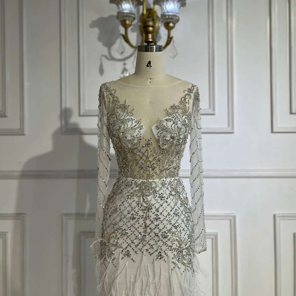 Serene Hill 2024 Arabic White Mermaid Dubai Evening Gown with Feathers Beaded Dress for Women's Party DLA72646
