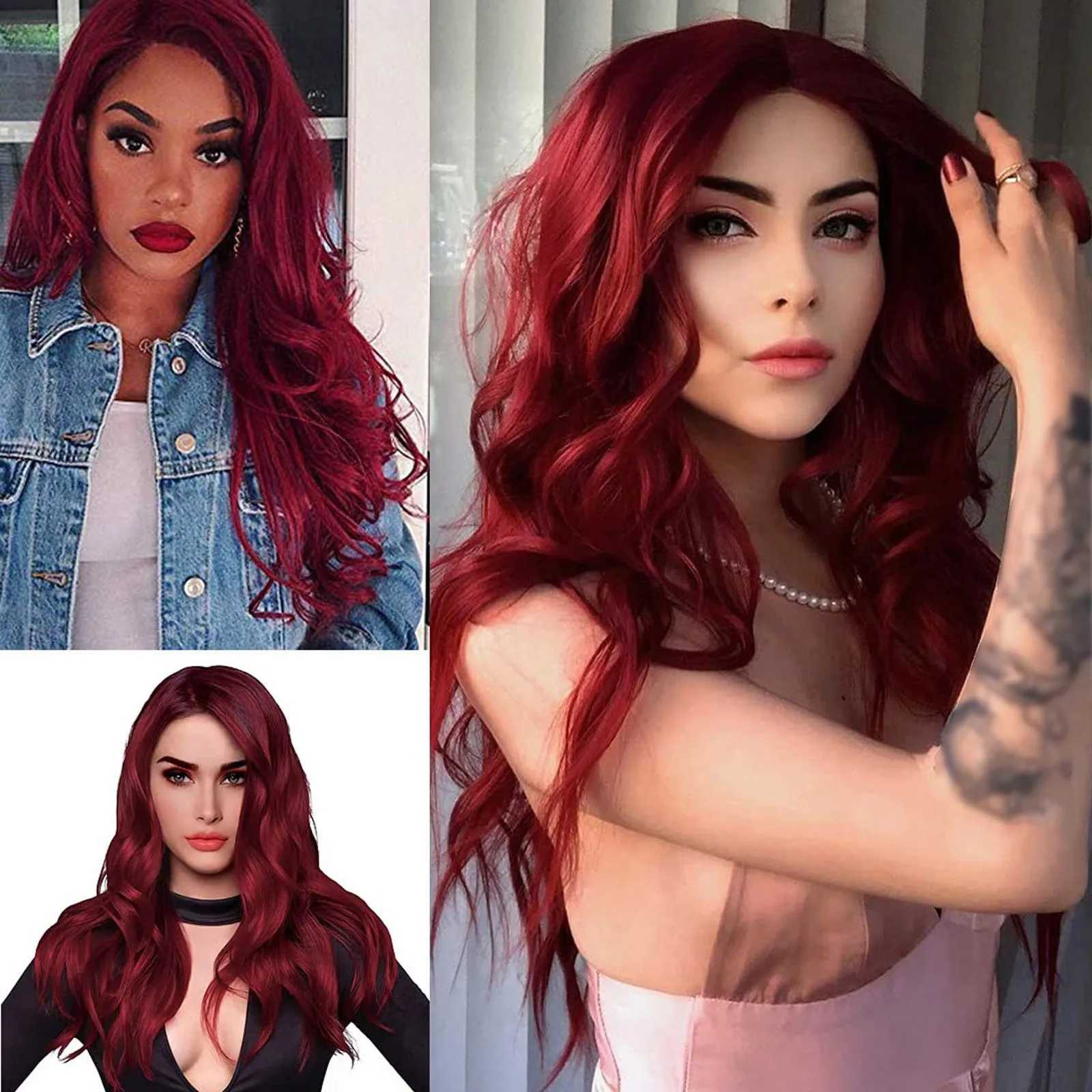 Long Red Lace Synthetic Wig For Women Middle Large Wavy Human Hair Lace Front Wig Caps 24inch Fashion Chemical Fiber Hair WigXJ241008