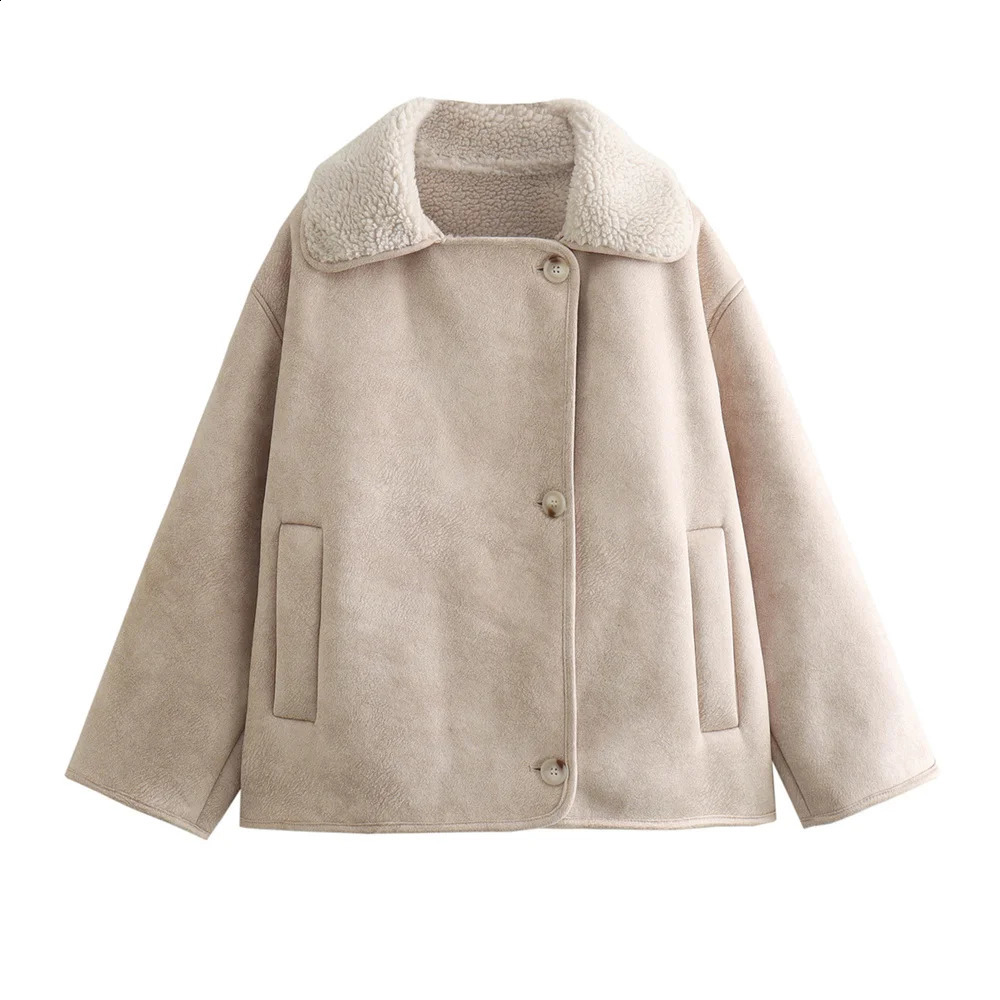 TRAF early autumn womens casual fully matched simple suede plus velvet warm long sleeved jacket 241007