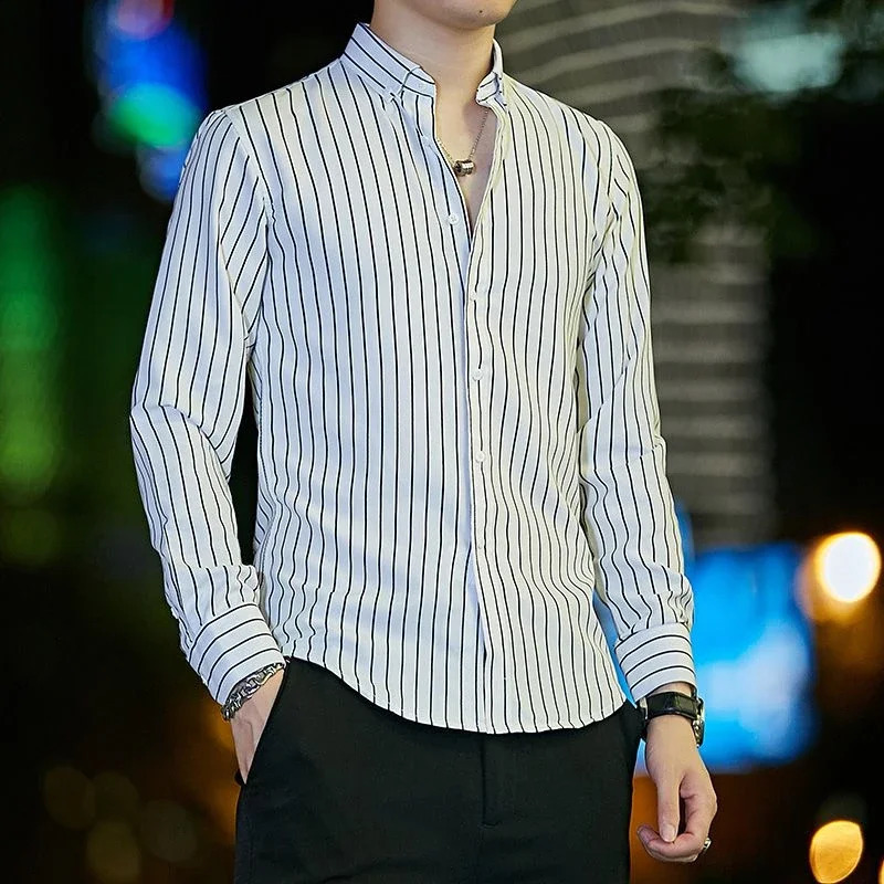 Striped mens shirt and business mens shirt white regular original Korean style fashionable sleeves slim fit 241007
