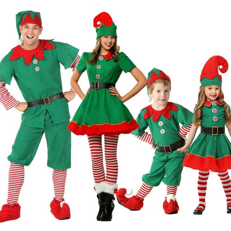 Christmas Family Matching Costumes for Boys and Girls Elf Christmas Costume Set Adult Green Red Party Top Pants Hat Belt Set Role Playing Costumes W24