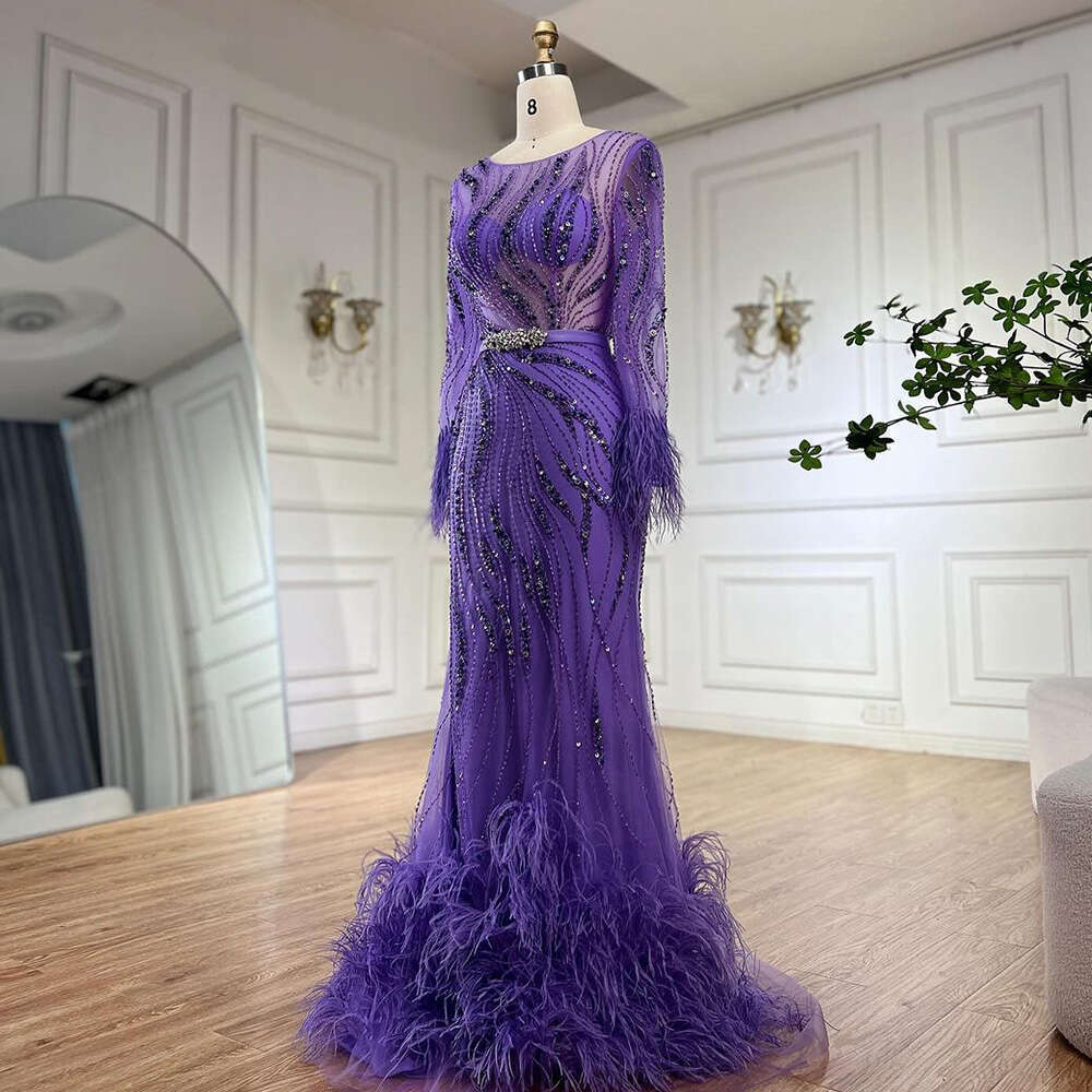 Serene Hill Elegant Mermaid Evening Dress Arabic Purple Beaded Feathers | Gown for Women's Wedding Party 2024 LA72367