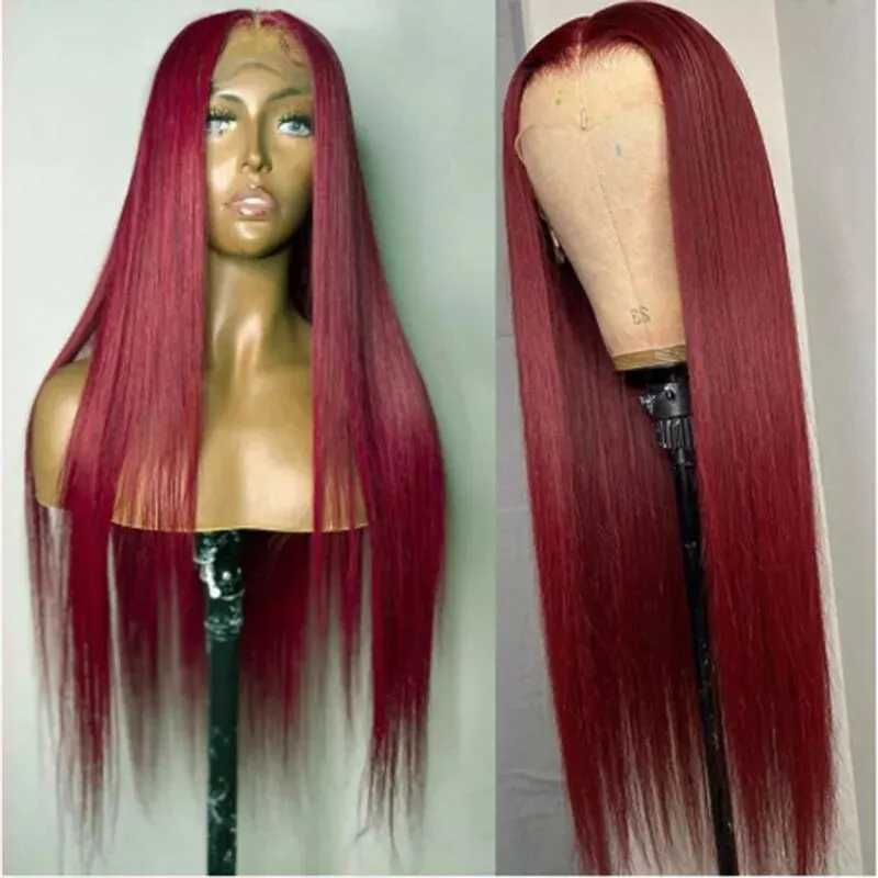 Soft Preplucked Dark Wine Red 26Inch 180Density Straight Lace Front Wig Synthetic 99J Burgundy Baby Hair Glueless Daily Wear WigXJ241008