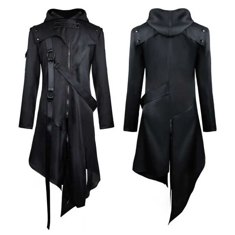 2023 Long Ribbon Techwear Punk Trench Coat Gothic Jacket Autumn Winter Mens Halloween Role Playing Costume Hooded Cloak W241007