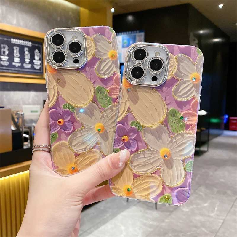 Luxury Fashion Purple Flowers Laser Phone Case For iPhone 16 Pro Max 15 14 13 12 11 Glitter Diamond Soft Shockproof Bumper Cover Z250122