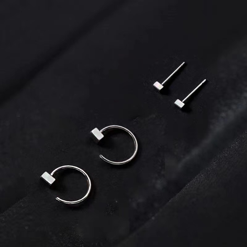 Sier needle women's hole, small square hook, ear bone ring earrings, simple and niche earrings