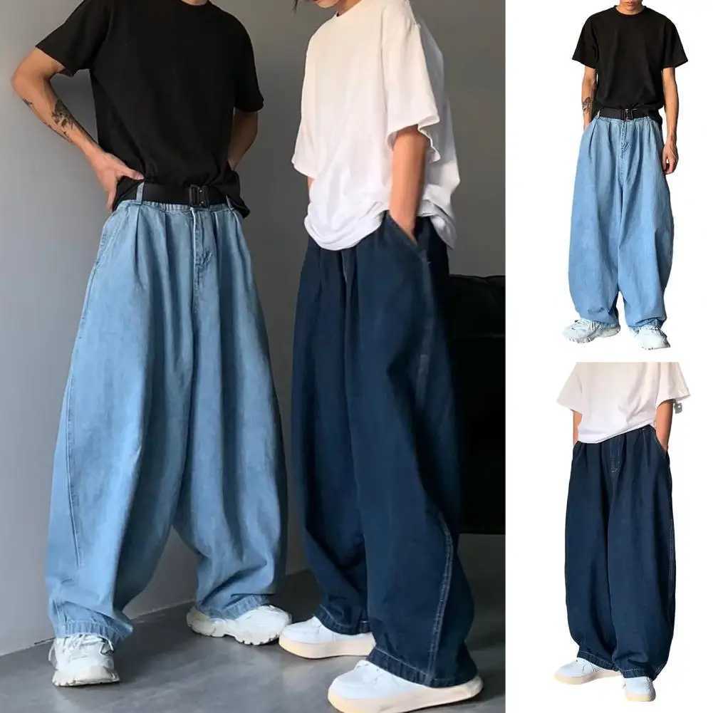 Mens jeans mid rise elastic waistband luggage jeans solid color hip-hop jeans oversized wide leg denim pants mid rise pocket vintage jeansW240715