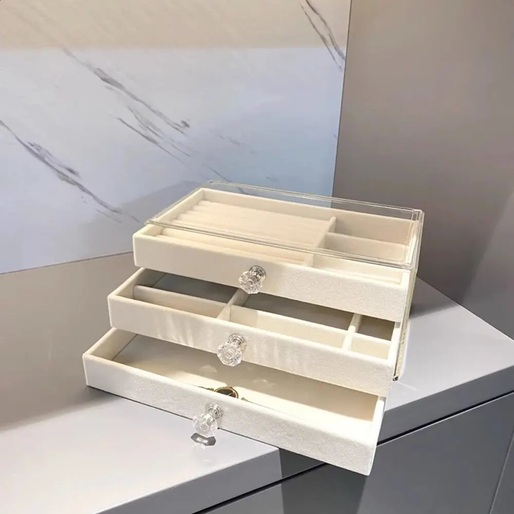 1 high-capacity three-layer flannel pearl treasure box drawer jewelry box storage earring necklace ring 240924