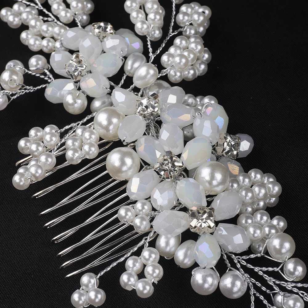 Fashionable Silver Flower Hair Comb Handmade White Crystal Womens Headwear Bridal Headwear Dance Wedding Hair Accessories W241007