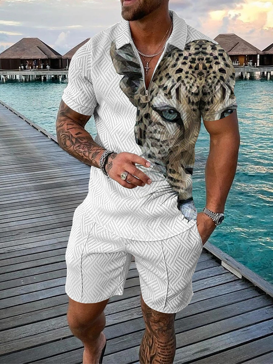 Summer Mens Short Sleeve Zipper Polo Shirt Street T-shirt Two Casual Sports Shirts 240930CJ