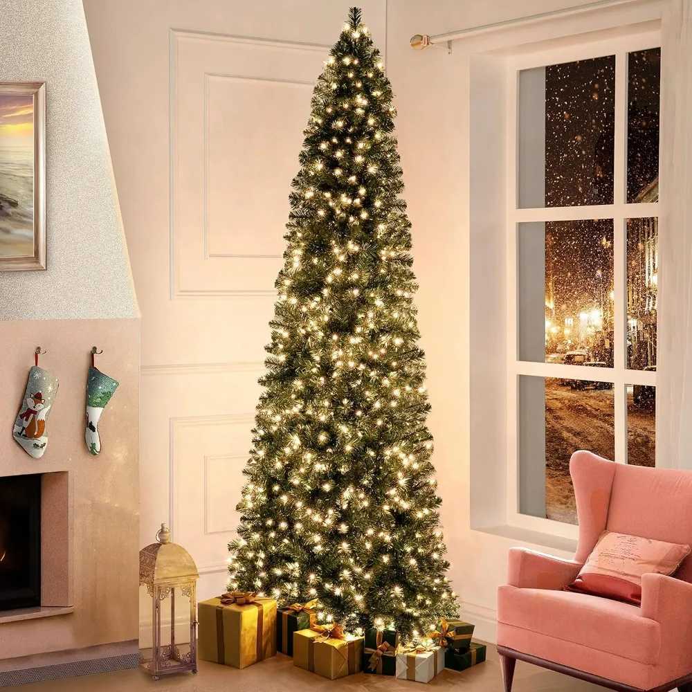 Prelit ultra-thin artificial Christmas tree with branch tips warm lights and metal brackets W241008