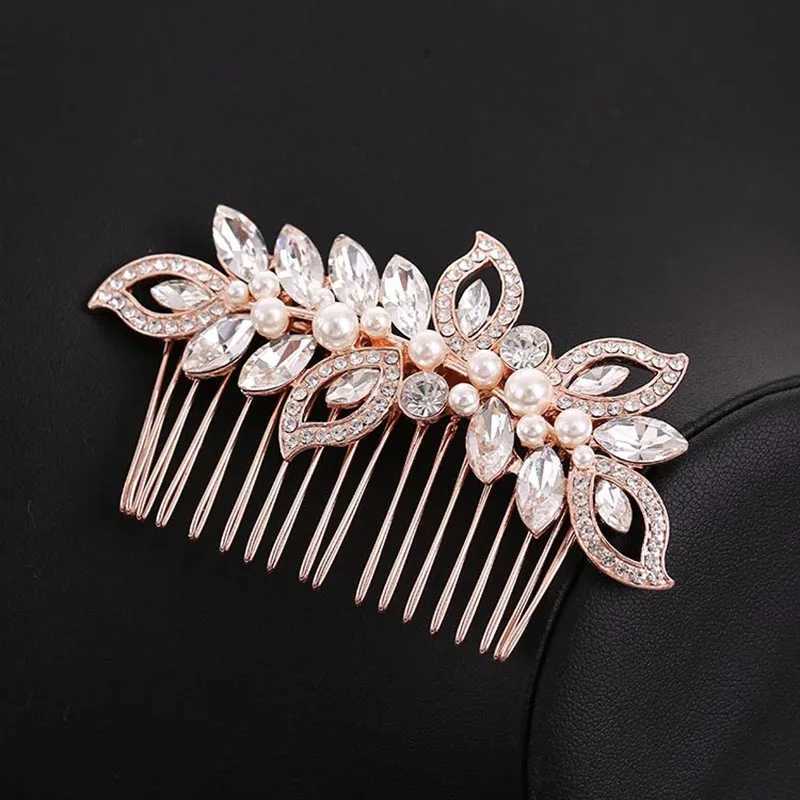 Treazy Rose Gold Color Bridal Hair Combs Headpiece CZ Crystal Pearl Leaf Wedding Hair Accessories W241007