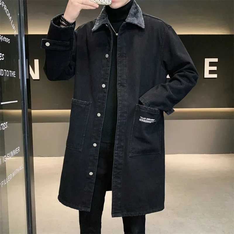 Mens denim trench coat large-sized cashmere and wool thick autumn and winter hot coat medium length ZL87 W241007