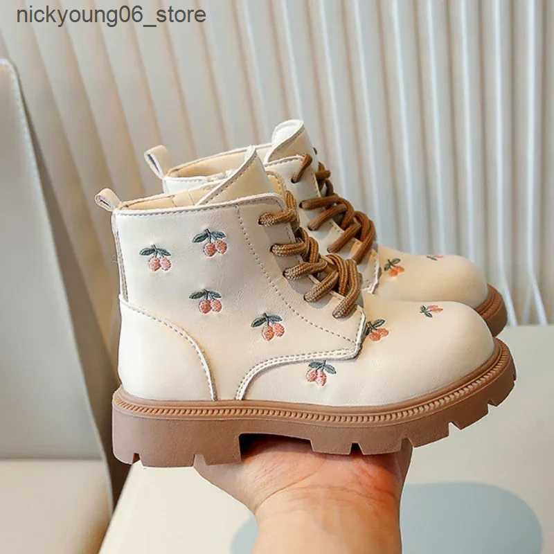 Boots Childrens Autumn Boots Fashion Black Ankle Boots for Girl PU Leather Elegant Embroidery Flower Causal Kids Shoes Side Zipper L240910