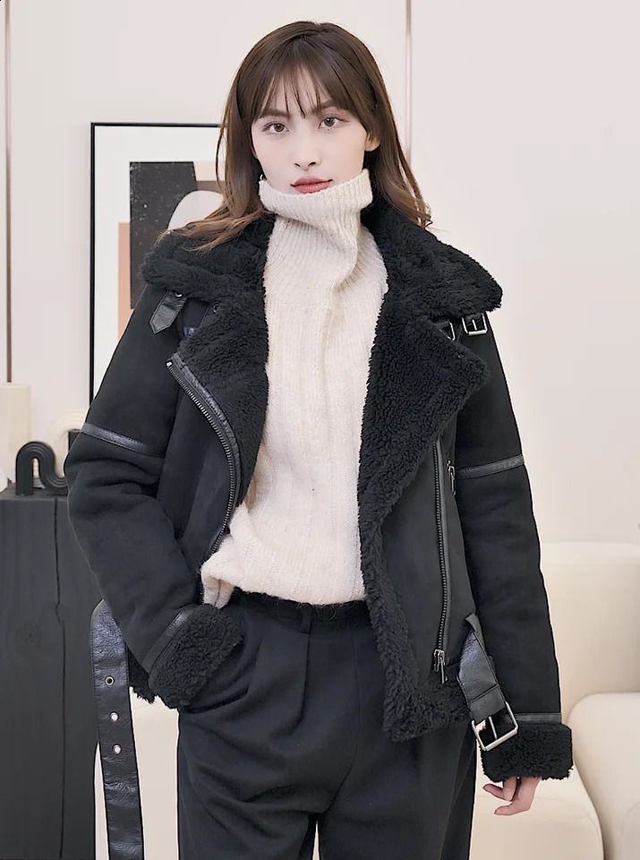 Winter Womens Warm Leather Suede Artificial Leather Sheep Leather Jacket Short Motorcycle Jacket Synthetic Sheepskin Jacket 241007