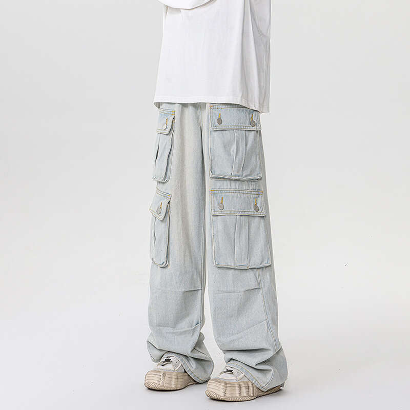 Spring And Autumn Japanese Retro Multi Pocket Workwear Jeans Men's High Street Trendy Brand Retro Loose Straight Leg Wide Leg Pants