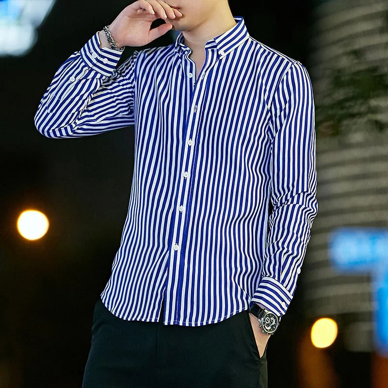 Striped mens shirt and business mens shirt white regular original Korean style fashionable sleeves slim fit 241007