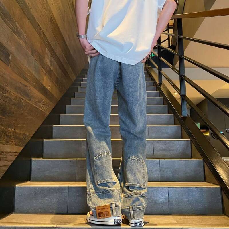 American High Street Trendy Inverted Reverse Wearing Micro La Jeans Autumn Loose Casual Straight Tube Rascal Handsome Wide Leg Pants Men